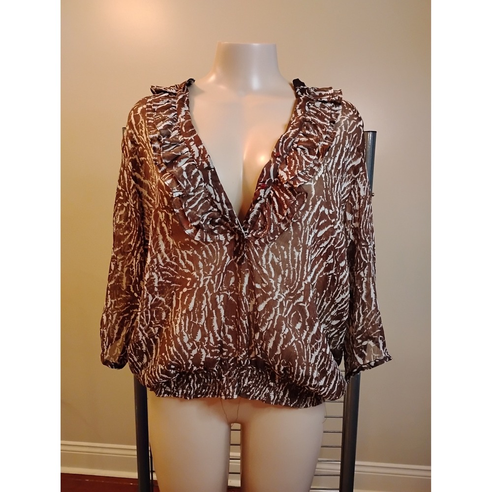 Brown White Abstract Animal Print Ruffle V-Neck Smocked Blouse XL RN 123017